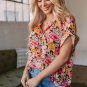 Pink Floral Print Crew Neck Short Sleeve Shift Blouse