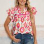 Rose Floral Ruffled Sleeve Ric-rac Trim Split Neck Loose Blouse