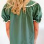 Mist Green Ric Rac Trim Tie Split Neck Short Sleeve Blouse