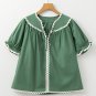 Mist Green Ric Rac Trim Tie Split Neck Short Sleeve Blouse