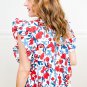 Red Flowers Pintuck Detail V Neck Ruffled Sleeve Top