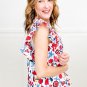 Red Flowers Pintuck Detail V Neck Ruffled Sleeve Top