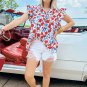 Red Flowers Pintuck Detail V Neck Ruffled Sleeve Top
