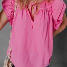 Sachet Pink Shirred Yoke Lace up V Neck Ruffled Sleeve Blouse