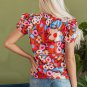Brown Flower Print Self Tie Frilled Collar Puff Sleeve Blouse