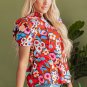 Brown Flower Print Self Tie Frilled Collar Puff Sleeve Blouse