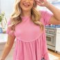 Peach Blossom Subtle Ribbed Short Sleeve Babydoll Top