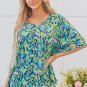 Green Abstract Print V Neck Half Sleeve Loose Fit Tunic Blouse