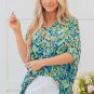 Green Abstract Print V Neck Half Sleeve Loose Fit Tunic Blouse