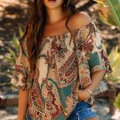 Apricot Paisley Printed Shirred Off Shoulder Ruffled Draped Sleeve Blouse