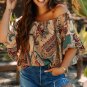 Apricot Paisley Printed Shirred Off Shoulder Ruffled Draped Sleeve Blouse