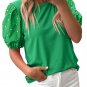 Bright Green Ribbed Pearl Beaded Puff Sleeve Top