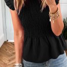 Black Ruffle Short Sleeve Shirred Peplum Top