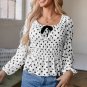 Black Polka Dot Puff Sleeve Bow Square Neck Peplum Top