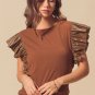 Cinnamon Leather Ruffle Sleeve Patchwork Round Neck Blouse