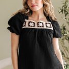 Black Flower Crochet Square Neck Textured Short Sleeve Blouse