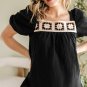 Black Flower Crochet Square Neck Textured Short Sleeve Blouse