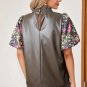 Four Leaf Clover Floral Patchwork Leatherette Frilled Round Neck Blouse