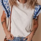 Blue Ricrac Trim Printed Flutter Sleeve Contrast Patchwork Blouse