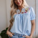 Sky Blue Floral Embroidered Puff Sleeve Notched V Neck Blouse