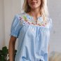 Sky Blue Floral Embroidered Puff Sleeve Notched V Neck Blouse