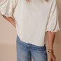 White Pearled Puff Sleeve Round Neck Loose Top