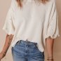 White Pearled Puff Sleeve Round Neck Loose Top