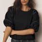 Black Contrast Stitches Detail Puffy Half Sleeve Blouse