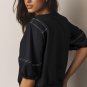 Black Contrast Stitches Detail Puffy Half Sleeve Blouse