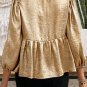 Gold Bow Tie Front Puff 3/4 Sleeve Ruffle Hem Blouse