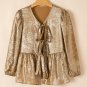 Gold Bow Tie Front Puff 3/4 Sleeve Ruffle Hem Blouse