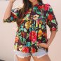 Greyish Purple Rose Flower Embroidered Trim Half Sleeve Blouse
