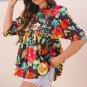 Greyish Purple Rose Flower Embroidered Trim Half Sleeve Blouse
