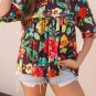 Greyish Purple Rose Flower Embroidered Trim Half Sleeve Blouse