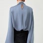 Ivy Asymmetric Pleated Turtleneck Bell Sleeve Blouse