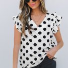 White Polka Dot Print Ruffled Sleeve V Neck Blouse
