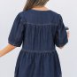 Sail Blue Puff Sleeve Lace Up Neckline Splicing Denim Blouse