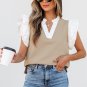 Pale Khaki Contrast V Neck Ruffled Textured Knit Top