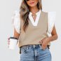 Pale Khaki Contrast V Neck Ruffled Textured Knit Top