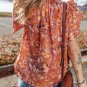 Orange Floral Print Ruffled Flutter Sleeve Frilled V Neck Blouse