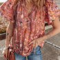 Orange Floral Print Ruffled Flutter Sleeve Frilled V Neck Blouse