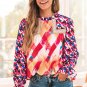 Rose Red Abstract Geometric Pattern Patchwork Puff Sleeve Blouse