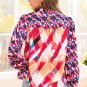 Rose Red Abstract Geometric Pattern Patchwork Puff Sleeve Blouse