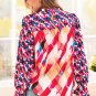 Rose Red Abstract Geometric Pattern Patchwork Puff Sleeve Blouse