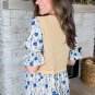 Beige Waffle Floral Patchwork Short Flounce Sleeve Peplum Blouse