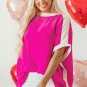 Rose Red Oversized Color Block Boat Neck Tunic Blouse