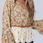 Yellow Printed Floral Bell Sleeve V Neck Wrapped Contrast Peplum Blouse