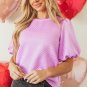 Phalaenopsis Solid Textured O Neck Puff Sleeve Blouse