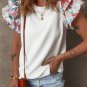 White Abstract Print Tiered Ruffled Sleeve Textured Knit Top