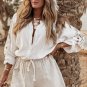 White Embroidered Textured Buttoned Crew Neck Shirt